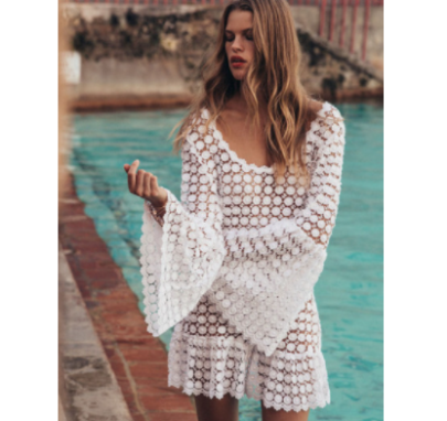 Solid Color See-through Round Neck Long Sleeve Beach Dress NSYLY107200
