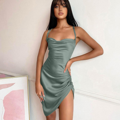 Sling Tube Top Slit Pleated Hollow Lace-Up Satin Dress NSLGY107533
