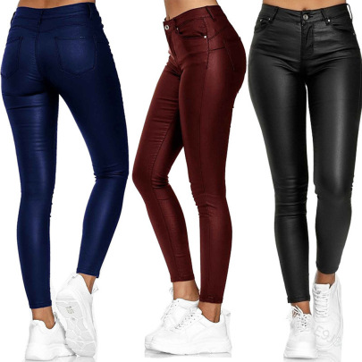 High Waist Solid Color Pu Leather Tight Pants NSLGY107536