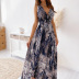 Halter Print V Neck Lace-Up Dress NSLGY107543