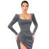 Split Square Neck Fold High Waist Prom Dress NSLGY107551