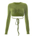 Solid Color Round Neck Long Sleeve Drawstring Cropped Top NSSWF107557