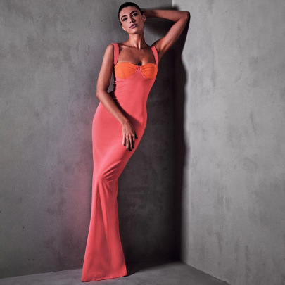 Contrast Color Slim Full-length Slit Slip Dress NSMG107617