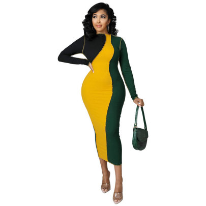 Mid-length Color Matching Slim Dress NSXHX107640