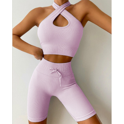 Hip-lifting High-elastic Sports Yoga Hanging Neck Vest Shorts Set NSSYZ107658