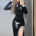 Retro Chinese Style Long-Sleeved Hollow Split Dress NSSS107950