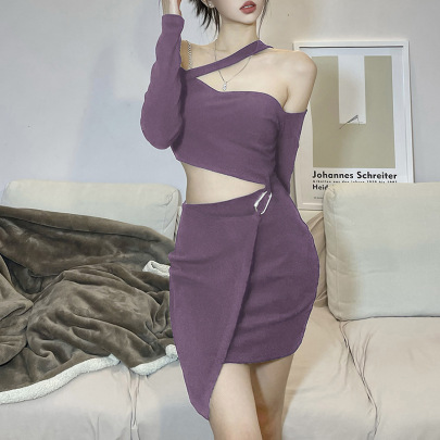 Hollow Solid Color Long-sleeved Slim Fake Two-piece Dress NSSS108036