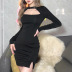 Solid Color Round Neck Hollow Bow Long Sleeve Slim Dress NSSS108042