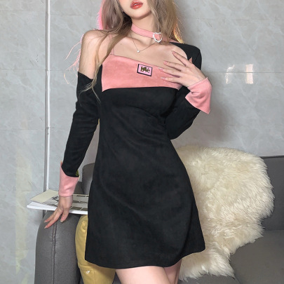 Contrast Color Long-sleeved Hollow Slim Dress NSSS108063