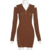 Solid Color Long-Sleeved V-Neck Button Slim-Fit Knitted Dress NSSS108064