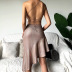 Bright Silk Sling Backless Irregular Hem Bag Hip Skirt NSXE108295