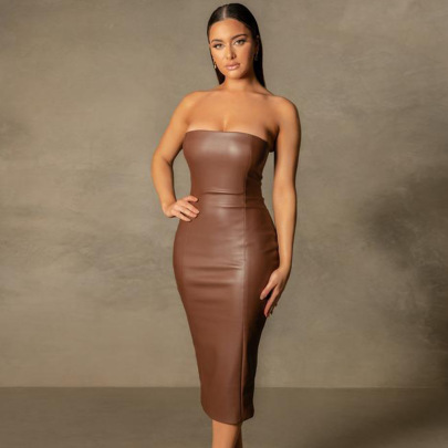Solid Color PU Leather Slim Tube Top Split Dress NSLBK108296