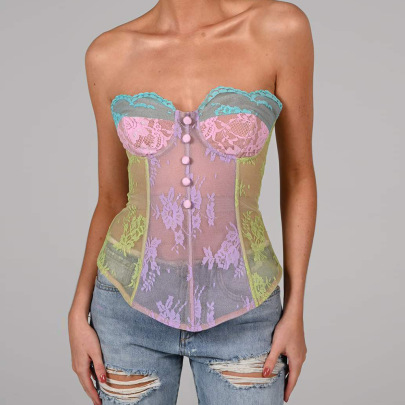 Contrast Color Perspective Lace Embroidered Fish Bone Wrapped Chest Irregular Vest NSLBK108305