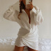 Long-Sleeved Deep V Linen Pleated Shirt Dress NSLBK108307