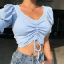 Puff Sleeve Drawstring Pleated V-Neck Solid Color Cropped Top NSXE108419