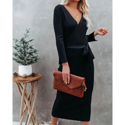 V-neck Lace-up Commuter Knitted Long-sleeved Slim Dress NSHPH108631