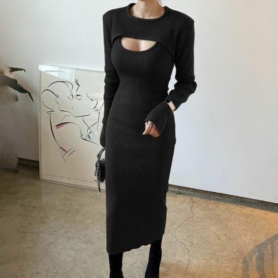 Solid Color Knitted Strap Dress With Long Sleeve Cropped Top Set NSXE108832