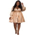 Plus Size V-Neck Solid Color Long-Sleeved Pleated Dress NSCYW108875