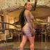 Slim Wrapped Chest Deep V-Neck Striped Dress NSCYW108883