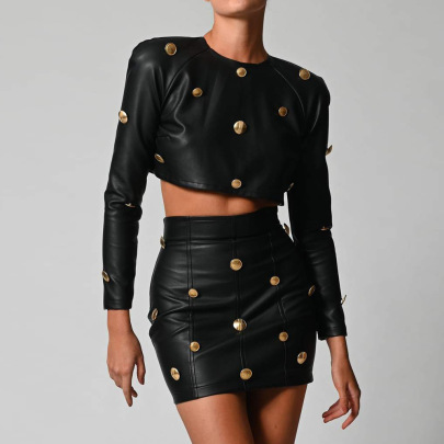 Metal Button Long-Sleeved Leather Skirt 2 Piece Set NSLBK108992