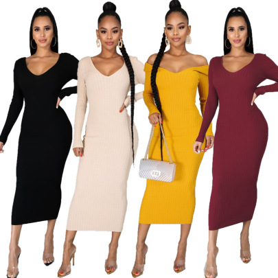 Solid Color Long-sleeved V-neck Dress Nihaostyles Clothing Wholesale NSXHX99665