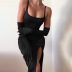Solid Color Corset Slit Slip Dress With Mesh Sleeve NSHTL99687