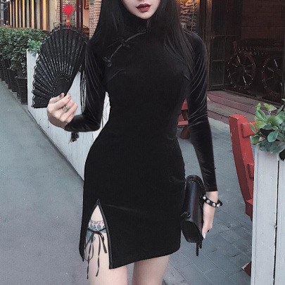 Gothic Style Suede Improved Cheongsam Slit Dress Nihaostyles Clothing Wholesale NSGYB99726