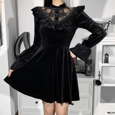 Gothic Style Ruffled Lace Mesh See-through A-line Dress Nihaostyles Clothing Wholesale NSGYB99737