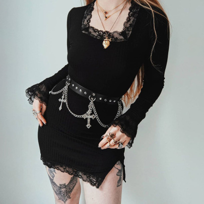 Gothic Style Square Neck Lace Stitching Stretch Tight Dress Nihaostyles Clothing Wholesale NSGYB99887