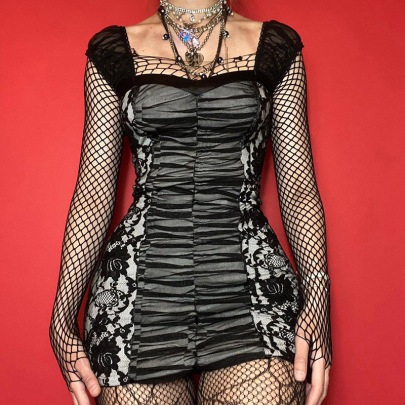 Gothic Style Lace Stitching Pattern Mesh See-through Sheath Dress Nihaostyles Clothing Wholesale NSGYB99894