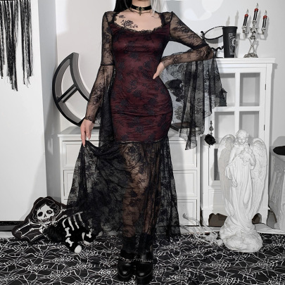 Gothic Style Retro Lace Mesh See-through Stitching Long-sleeved Dress Nihaostyles Clothing Wholesale NSGYB99897