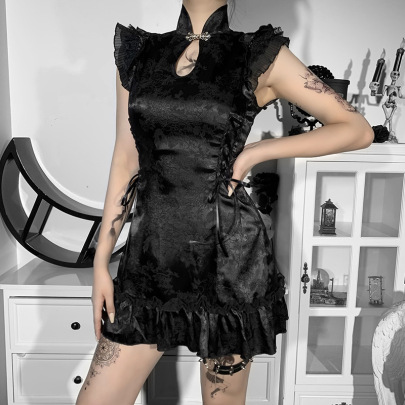 Gothic Style Stand Collar Sleeveless Hollow Drawstring Dress Nihaostyles Clothing Wholesale NSGYB99903