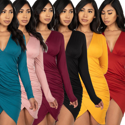 Solid Color V-neck Long-sleeved Slim Dress Nihaostyles Clothing Wholesale NSQYT99914