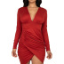 Solid Color V-Neck Long-Sleeved Slim Dress NSQYT99914