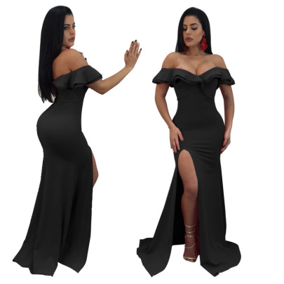 Solid Color  Tube Top Off-shoulder Ruffled Mopping Slit Evening Dress Nihaostyles Wholesale Clothing NSMYF100001