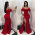 Solid Color Tube Top Off-Shoulder Ruffled Mopping Slit Evening Dress NSMYF100001