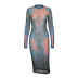 See-Through Net Gauze Body Print Long-Sleeved Dress NSRUI109042