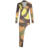 Color Block Print V-Neck Long-Sleeved Irregular Slit Dress NSRUI109044