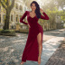 Solid Color Long Sleeve V-Neck High Slit Long Dress NSHWM109170