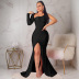 Solid Color Backless Irregular One-Shoulder Long-Sleeved Prom Full-Length Dress NSHWM109171