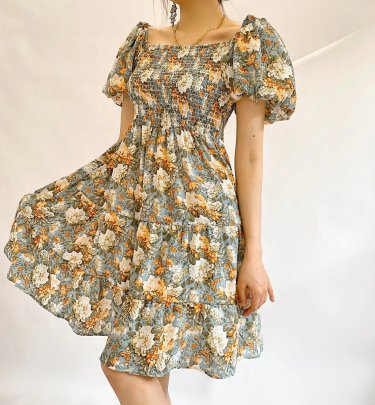One-shoulder Puff Sleeve Ruffle Stitching Floral Print Dress NSAM109299