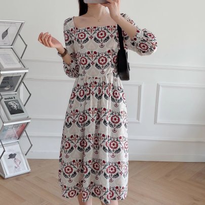 Square Collar Long Sleeves Printed Floral Dress NSAM109306