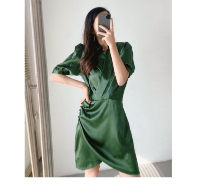 Short Sleeve Slim Pleated Shirt Dress NSAM109130