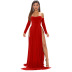 Solid Color One-Word Neck Full-Length Prom Dress With Slits NSHWM109359