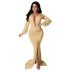 Solid Color V-Neck Ruffled Long-Sleeved Full-Length Prom Sheath Dress NSHWM109363