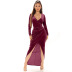 Solid Color High Slit Dress V-Neck Gold Velvet Prom Dress NSHWM109372