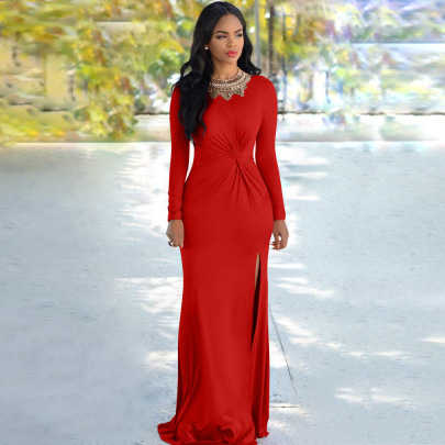 Solid Color Open Back Slit Prom Full-length Sheath Dress NSHWM109373