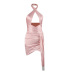 Backless Hanging Neck Metal Buckle Fringed Hollow Irregular Pleated Dress NSLBK109443