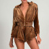 Gold Velvet Long-Sleeved Hood Jacket Pleated Shorts 2 Piece Suit NSLBK109445