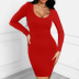 Long-Sleeved Solid Color Round Neck Sheath Dress NSHWM109586